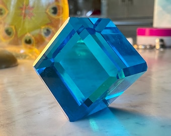 Vintage Mid-Century Blue Glass Paperweight Cube Geometric Form Turquoise