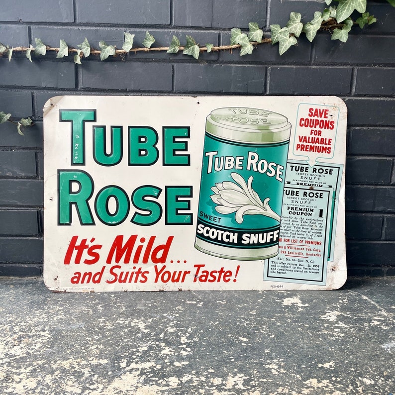 Vintage Tube Rose Tin Sign Antique Mid-Century Snuff Tobacco Advertising Wall Art Hanging image 1