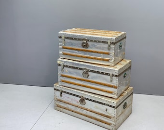 Vietnam Era 1960s Vintage Heavily Worn Aluminum Air Freight Trunks Set 3 Mid-Century Props