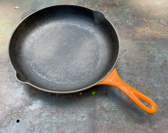 Vintage French Flame Orange Cast Iron Skillet Frying Pan Coated Mid-Century Kitchen