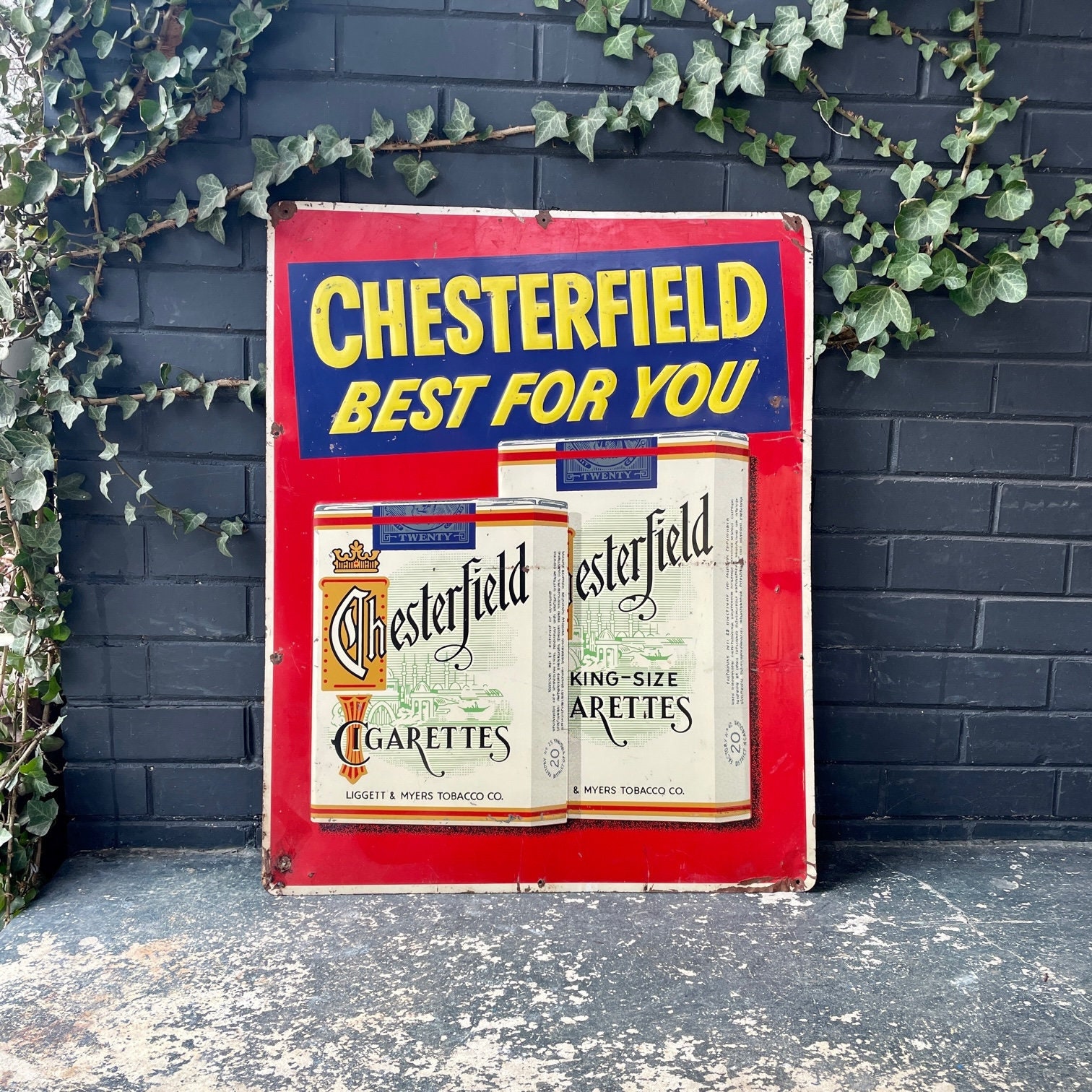 Large 1950s Cigarette Advertising Tin Sign Vintage Antique Chesterfield  Mid-Century Tobacco Advertising Wall Art Hanging