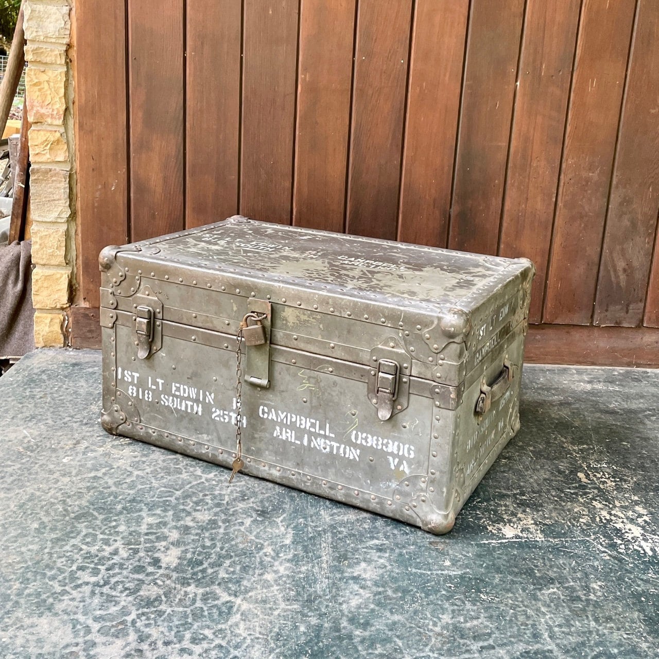 1930s Army Trunk Vintage Mid-Century Steamer Cartage Foot Locker Military  War Chest 1st Lieutenant Arlington Virginia