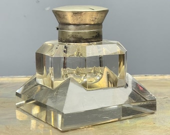 Vintage Art Deco Inkwell Cut Crystal Geometric Lidded Nickel