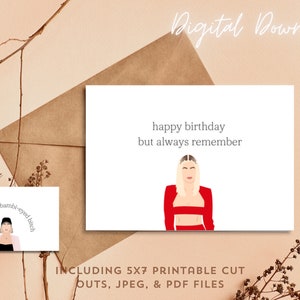 Könnte beinhalten: Druckbare Geburtstagskarte mit einer digitalen Illustration einer Frau mit blonden Haaren, die ein rotes Crop-Top und einen passenden Rock trägt. Der Text auf der Karte lautet "Happy Birthday, aber denk immer daran".