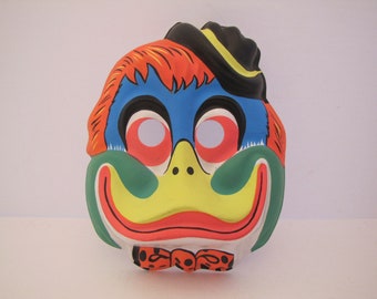 Vintage Colorful Plastic Halloween Cartoon Face Mask Of A Sharp Looking Duck With His Hat And Bow Tie (Hong Kong) 1970