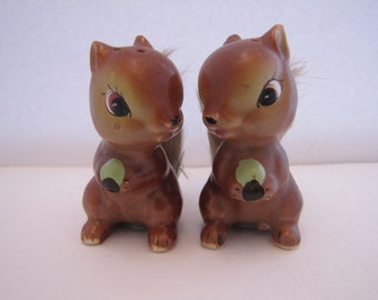 Vintage ceramic Salt And Pepper Shaker Set Of Wood Forest ChipmunksWith Furry Tails (Japan) 1960