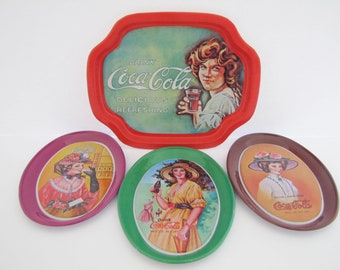 Vintage Tin  Lot Of 4 Coca-Cola Trays (Hong Kong) 1980