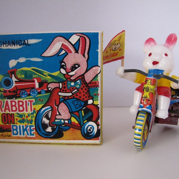 Vintage Wind Up Rabbit Riding A Tin Bike (Japan) 1970
