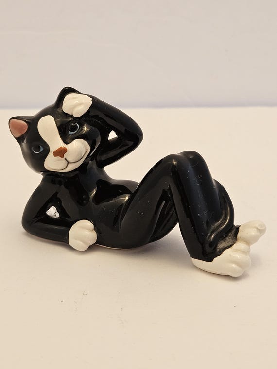 A Vintage Porcelian Anthropomorphic black and white Cat Figure (Japan) 1980