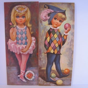Vintage Lot of Lithograph Art Prints Of Two Harlequin Big Eyed Children By Goji (USA) 1970
