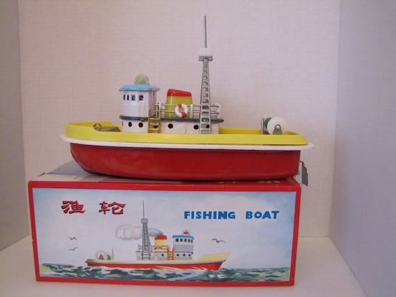Vintage Battery Operated Tin and Wood Fishing Boat Toy WM 173 China -   Norway