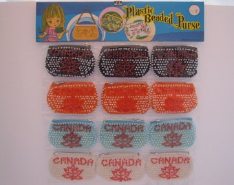 Vintage Store Display Card With 12 Canadian Souvenir Coin Purses (Hong Kong) 1970