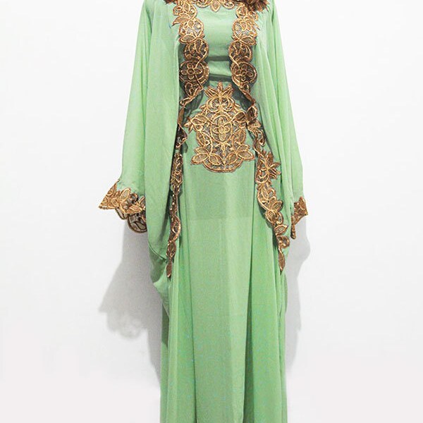 Hoodie Premium Light Green Color Sheer Chiffon Kaftan, Moroccan Dress Caftan, Gold Embroidery Wedding Party Dubai abaya maxi dress jalabiya