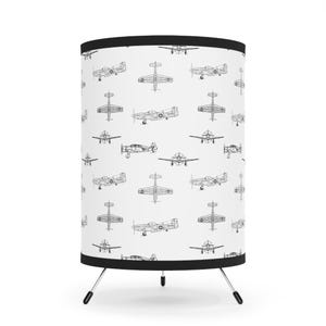 Aviation Tripod Table Lamp – Vintage WWII Airplane Blueprint Shade | Pilot Gift, Steampunk Office Decor