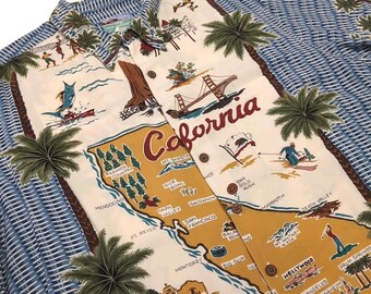 VTG Reyn Spooner California State Map Hawaiian Shirt Mens XL Spun Rayon USA