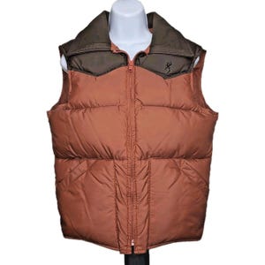 Vtg Browning Down Vest Mens Size Small Brown Puffer Hunting Washable Made in USA image 1
