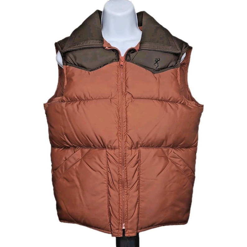 Vtg Browning Down Vest Mens Size Small Brown Puffer Hunting Washable Made in USA image 1