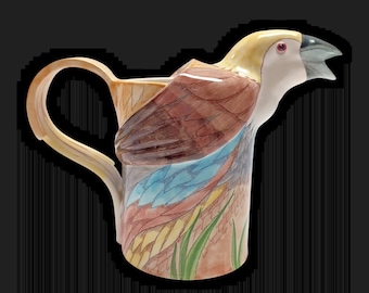 E. Bolz Hand-Painted Ceramic Parrot Bird Pitcher Figural Colorful 7" tall Signed
