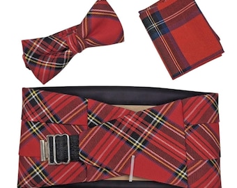 VTG Mens Bow Tie Pocket Square Cummerbund Set Tartan Red MCM Formal NEW Box