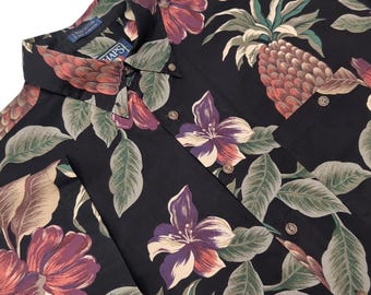 VTG Chaps Ralph Lauren Hawaiian Shirt Mens Size L Black Floral Aloha Button Down
