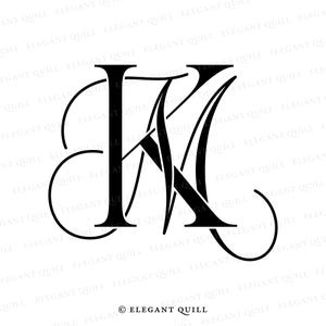 May include: Black and white monogram of the letters "K" and "M" intertwined with a decorative flourish. The letters are in a bold, elegant font. The monogram is surrounded by a white background.