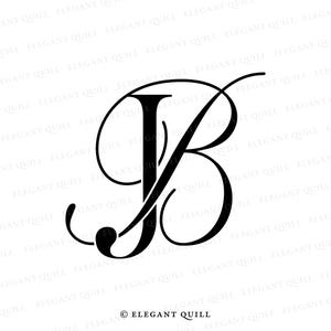 May include: A black and white calligraphic monogram of the letter "B" with a decorative flourish. The monogram is on a white background with the text "© ELEGANT QUILL" at the bottom.