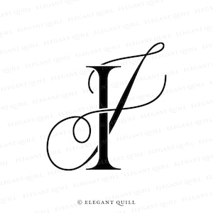 May include: A black and white illustration of the letter "I" with a decorative flourish. The letter is stylized with a calligraphic font and a thin line extending from the top of the letter to the bottom, creating a loop.