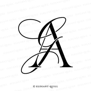 May include: A black and white monogram of the letters "GA" in a cursive script font. The letters are intertwined and the "G" is a flourish above the "A". The image is on a white background and includes the text "© ELEGANT QUILL" at the bottom.