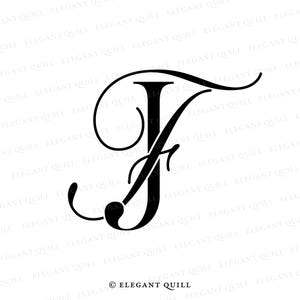 Könnte beinhalten: Ein stilisierter schwarzer und weißer Buchstabe J mit einer dekorativen Verzierung. Der Buchstabe ist vor einem weißen Hintergrund platziert. Das Bild enthält den Text "© ELEGANT QUILL".