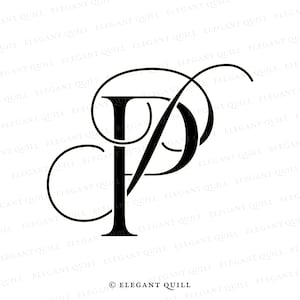 May include: Black and white illustration of the letters "P" and "D" intertwined with a decorative flourish. The letters are in a stylised font and the flourish is a simple, elegant design. The image is on a white background and includes the text "© ELEGANT QUILL" at the bottom.