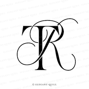 May include: Black and white monogram with the letters "TR" intertwined. The "R" is in a script font and the "T" is in a block font. The letters are surrounded by a decorative flourish.