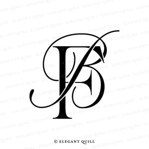 Puede incluir: Un monograma en blanco y negro de la letra "F" con un adorno decorativo. El monograma está sobre un fondo blanco. El texto "© ELEGANT QUILL" aparece debajo del monograma.