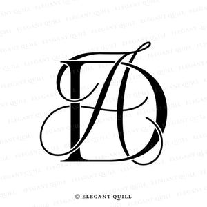 May include: Black and white monogram of the letters "A" and "D" intertwined in a decorative script font. The letters are stylized with flourishes and curves. The monogram is set against a white background.