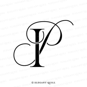 Könnte beinhalten: Schwarzweißes Monogramm mit den Initialen "I" und "P" mit einer dekorativen Verzierung. Die Buchstaben sind in einer Schreibschrift. Das Design ist auf weißem Hintergrund.