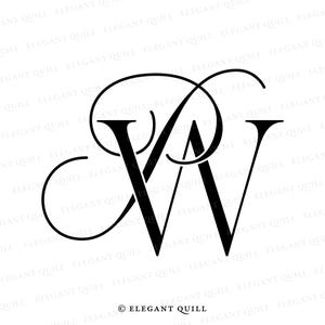 May include: Black and white monogram of the letters "JW" in a stylized script font. The letters are intertwined and the "J" has a flourish.