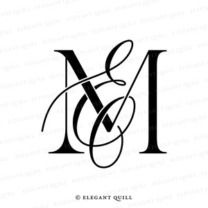 Pode incluir: Monograma preto e branco com as letras "M" e "E" entrelaçadas. As letras estão em uma fonte de escrita e são estilizadas para parecer um adorno. O monograma está sobre um fundo branco. O texto "© ELEGANT QUILL" está na parte inferior da imagem.