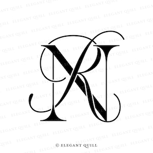 Peut inclure: Monogramme noir et blanc avec les lettres "XN" entrelacées dans une police d'écriture cursive décorative. Les lettres sont stylisées avec des fioritures et des courbes. L'image comprend le texte "© ELEGANT QUILL" en bas.