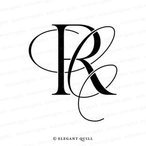 May include: A black and white monogram of the letters "R" and "C" intertwined with a decorative flourish. The letters are in a classic, elegant font. The design is surrounded by the text "Elegant Quill" repeated multiple times.