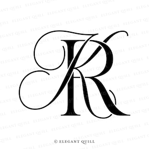 May include: Black monogram design featuring the letters 'KR' intertwined with elegant, swirling serifs. The design is set against a white background, with the text 'ELEGANT QUILL' at the bottom.