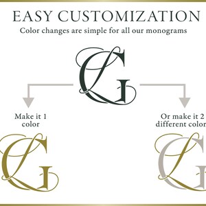 May include: A graphic showing two different ways to customize a monogram. The first option shows a single color monogram in gold. The second option shows a two-color monogram with a gold inner letter and a gray outer letter.