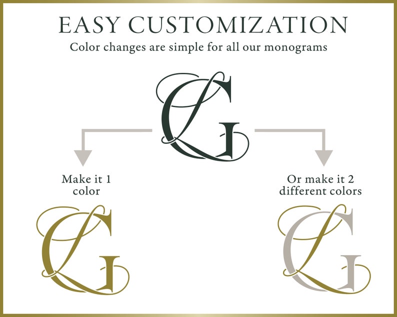 May include: A graphic showing two different ways to customize a monogram. The first option shows a single color monogram in gold. The second option shows a two-color monogram with a gold inner letter and a gray outer letter.
