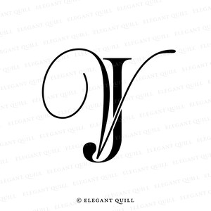 Puede incluir: Una ilustración estilizada en blanco y negro de la letra "V" con un adorno decorativo. La letra está en una fuente de escritura y tiene un aspecto clásico y elegante.