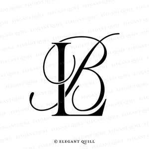 Puede incluir: Monograma en blanco y negro de las letras L y B entrelazadas. Las letras están en una fuente de escritura estilizada. La imagen incluye el texto "© ELEGANT QUILL".