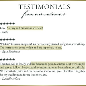 May include: Testimonials from customers about a monogram design. The reviews highlight the ease of use and customization, as well as the quality of the product and customer service.