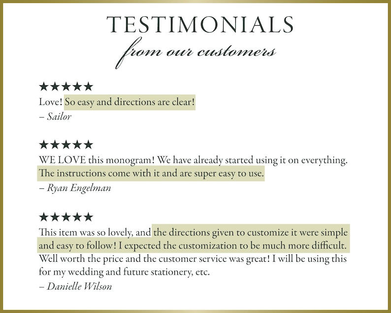 May include: Testimonials from customers about a monogram design. The reviews highlight the ease of use and customization, as well as the quality of the product and customer service.