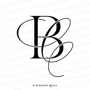 Könnte beinhalten: Schwarzweißes Monogramm der Buchstaben "B" und "C", die mit einem dekorativen Schwung miteinander verschlungen sind. Die Buchstaben sind in einer klassischen, eleganten Schriftart gehalten. Das Design ist von dem Text "Elegant Quill" umgeben, der mehrmals wiederholt wird.