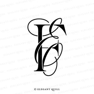 Puede incluir: Monograma en blanco y negro de las letras "F" y "C" entrelazadas con un adorno decorativo. Las letras están en una fuente en negrita con serif. El diseño es elegante y sofisticado.