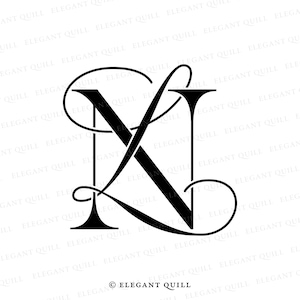 Könnte beinhalten: Schwarz verschlungene Buchstaben 'X' und 'N' in einer dekorativen, eleganten Schriftart. Das Design hat einen fließenden, kalligraphischen Stil mit einer Serifenschrift. Der Text 'ELEGANT QUILL' steht unten.