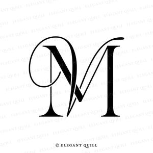 May include: A black and white stylized illustration of the letter M with a decorative flourish. The letter is set against a white background with the text "Elegant Quill" repeated in a smaller font size.