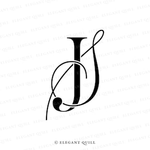 May include: A black and white monogram initial "J" with a decorative flourish. The letter is styled with a script font and a decorative swirl. The image includes the text "© ELEGANT QUILL".